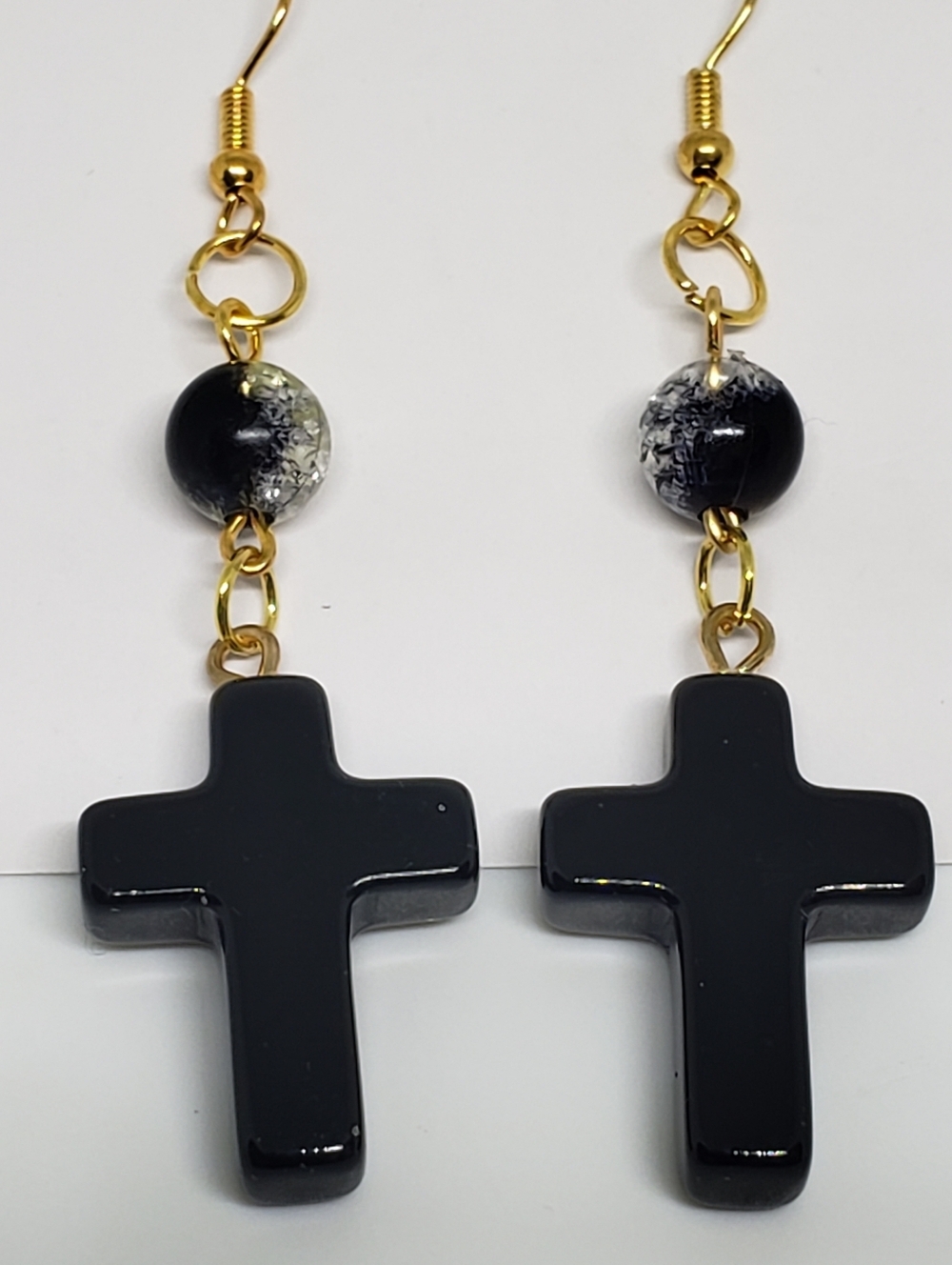 Handmade Beaded Glass Black Cross Dangle Earrings